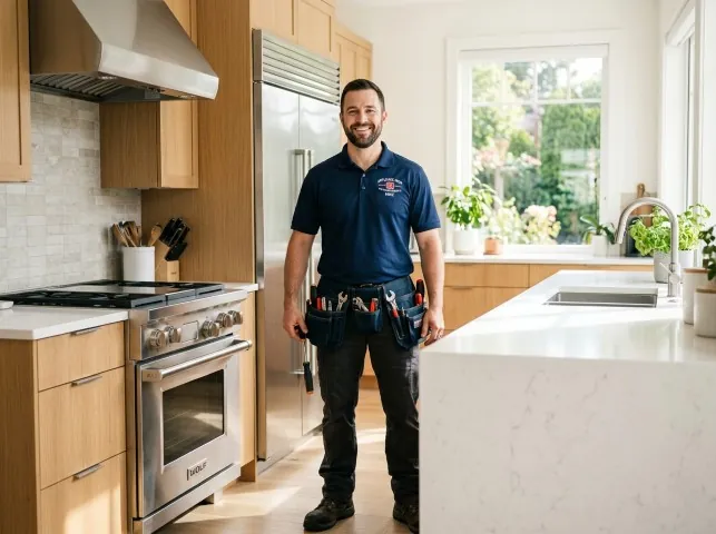 Appliance Repair Hero technician in a Brookhaven, NY kitchen after an appliance repair