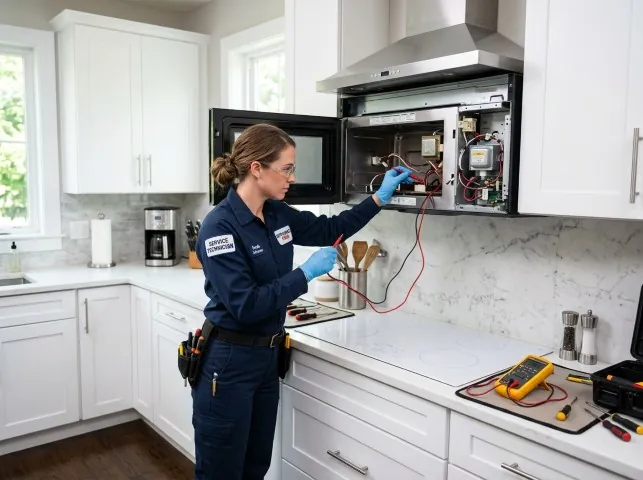 Appliance Repair Hero technician testing an over-the-range microwave in a Brookhaven, NY kitchen